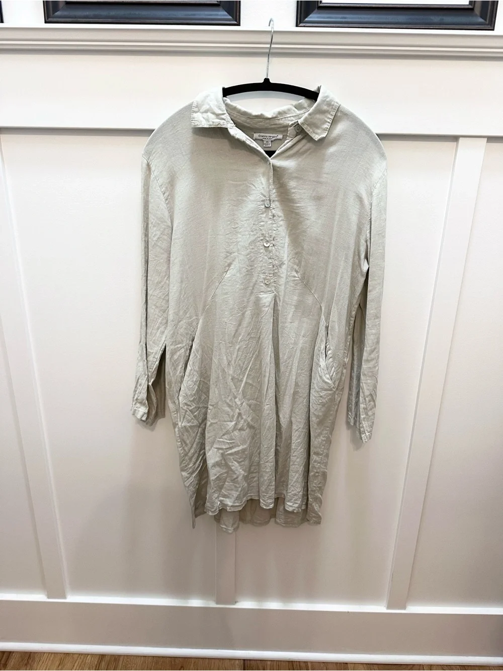 Cristina Vergani 100% Linen Tan Beige Collared Shirt Dress XS Made in Italy